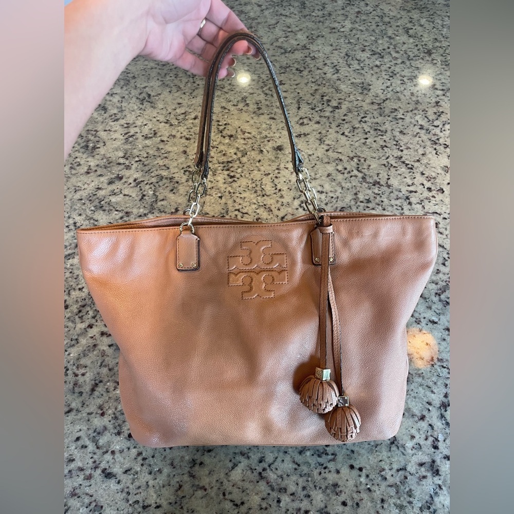 Tory Burch Thea tassel Tan pebbled Leather Tote Bag